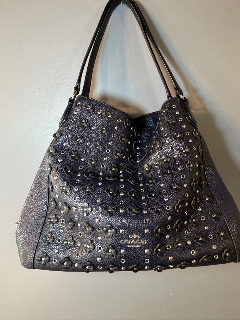 Coach Navy Leather Edie Bag with Floral Stud Accents